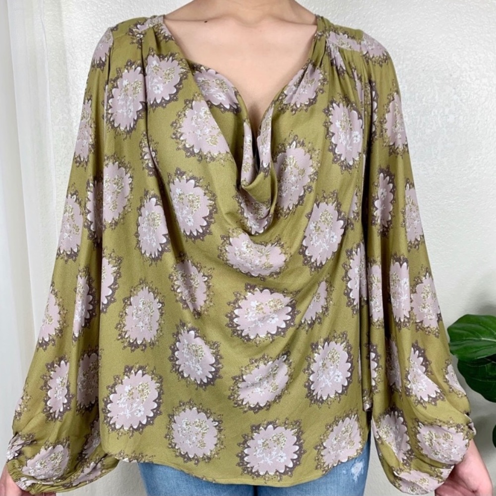 Free People Drape Cowl Neck Floral Print Blouse